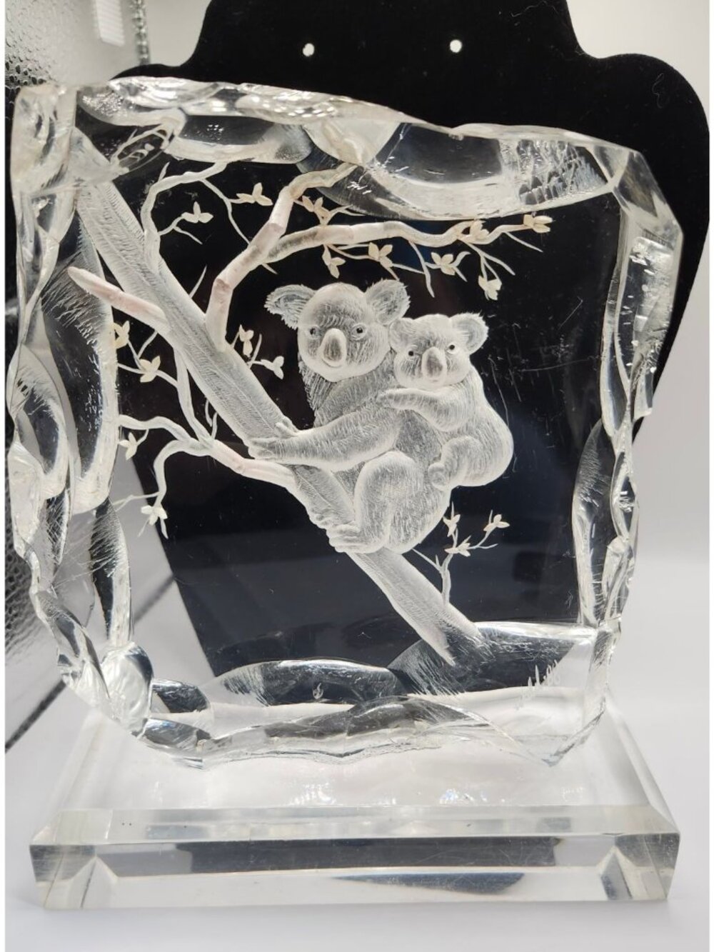 Reverse Carved Lucite Sculpture Koalas On Tree Murray Wald 1988 Vintage Clear Ac